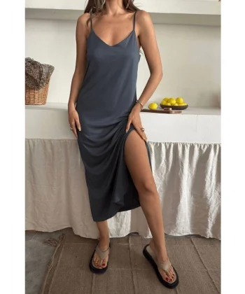 Kadın Siyah Asansör Askılı Çift Yırtmaçlı Helen Elbise