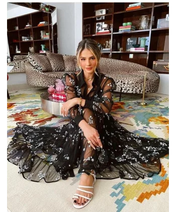 Kadın Siyah Astarı Sandy Dışı Tül çiçek Desenli Elbise