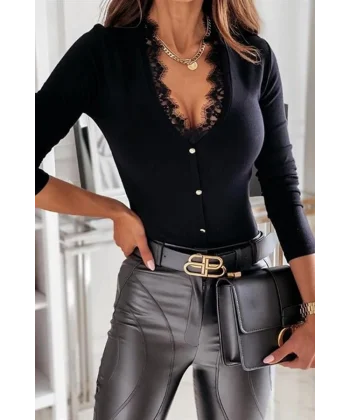 Kadın Siyah Dantel Ve Düğme DetaylıFırsat Ürün Viskon Bluz