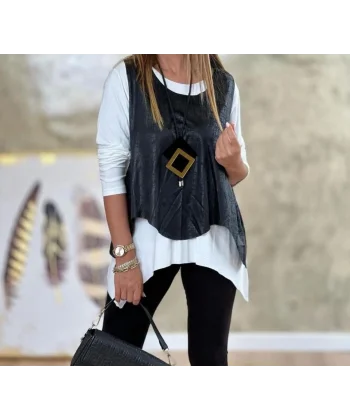 Kadın Siyah Deri Yelekli Kolye Dahil üçlü Takım