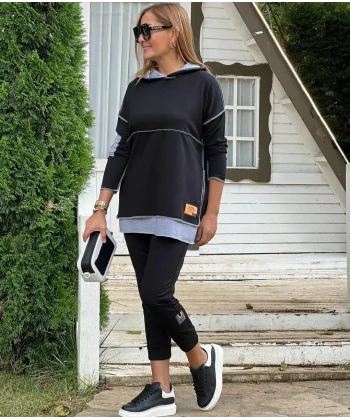 Kadın Siyah Kapşonlu Etek Ucu Detay Arma Ters Dikiş Gorunumlu Ikili Takım