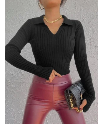 Kadın Siyah Polo Yaka Parmak Detay Triko Bluz 2047