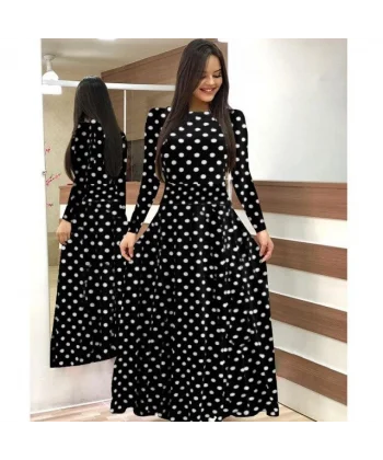 Kadın Siyah Tam Boy Beyaz Puantiyeli Elbise