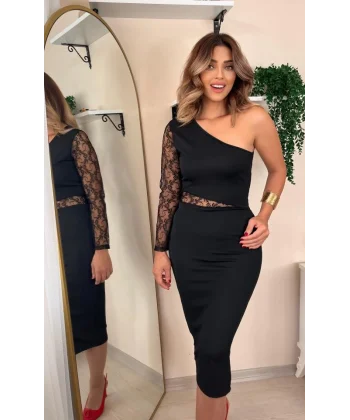 Kadın Siyah Tek Kol Dantel Detay Krep Elbise