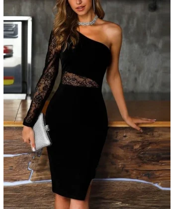 Kadın Siyah Tek Kol Dantel Detay Krep Elbise