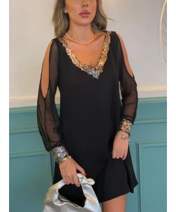 Kadın Siyah Uzun Kollu Kollar Tül Yırtmaçlı V Yakalı Kısa Krep Elbise