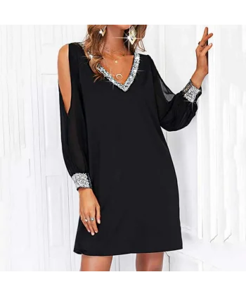 Kadın Siyah Uzun Kollu Kollar Tül Yırtmaçlı V Yakalı Kısa Krep Elbise