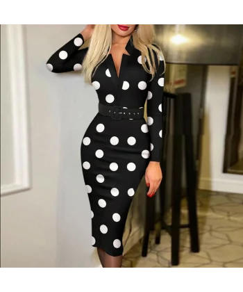 Kadın Siyah Uzun Kollu V Yakalı Puantiyeli Midi Dalgıç Elbise