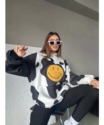 Kadın Smiley Face Kapüşonlu Sweatshirt - Siyah