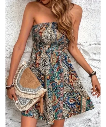 Kadın Straplez Belden Gipeli Dijital Desenli Süprem Elbise