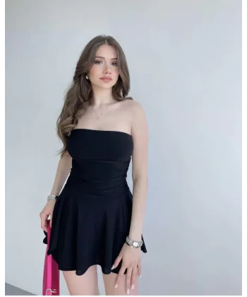 Kadın Straplez Sandy Kumaş Şortlu Prenses Etek Mini Klos Elbise- Siyah