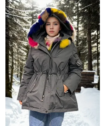 Kadın Su Geçirmez Kapüşonlu Mont - Füme