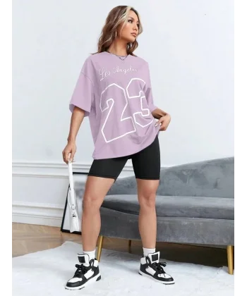 Kadın Süprem Kumaş Baskı Detaylı Oversize Tişört