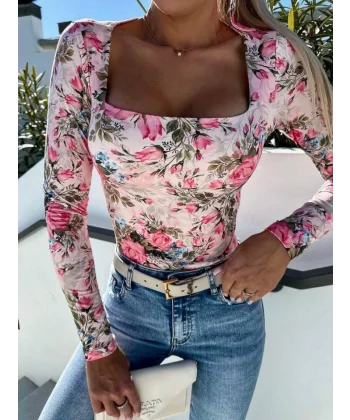 Kadın Süprem Kumaş çiçek Desen Uzun Kollu Kare Yaka Bluz