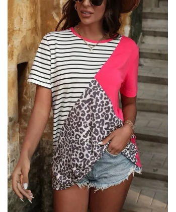 Kadın Süprem Kumaş Leopar Desenli Ve Cizgili Oversize Bluz