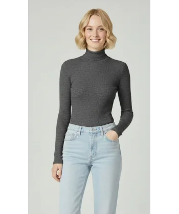 Kadın Tam Boğazlı Fitilli Likrali Kaşkorse Badi İnce Uzun Kollu Kazak - Antrasit