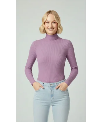 Kadın Tam Boğazlı Fitilli Likrali Kaşkorse Badi İnce Uzun Kollu Kazak - Mor