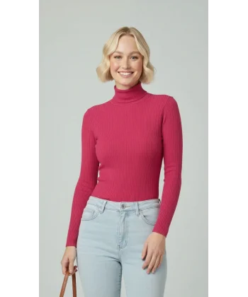 Kadın Tam Boğazlı Fitilli Likrali Kaşkorse Badi İnce Uzun Kollu Kazak - Pembe