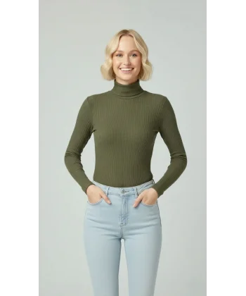 Kadın Tam Boğazlı Fitilli Likrali Kaşkorse Badi İnce Uzun Kollu Rahat Kazak - Haki