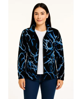 Kadın Tam Fermuarlı Desenli Polar Sweat Lightning Desen Yakalı, Uzun Kollu, Oversize Rahat Kalıp - Siyah