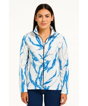 Kadın Tam Fermuarlı Desenli Polar Sweat Lightning Desen Yakalı, Uzun Kollu, Oversize Rahat Kalıp - Beyaz