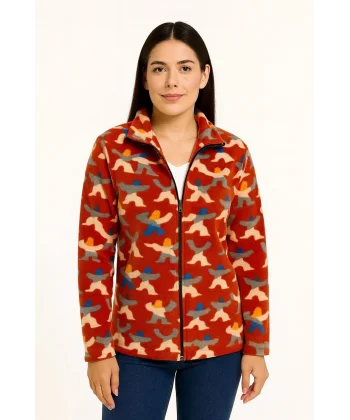 Kadın Tam Fermuarlı Desenli Polar Sweat – Siyah Multicolor Figür Desen Yakalı, Uzun Kollu, Oversize Rahat Kalıp - Kiremit