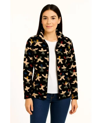 Kadın Tam Fermuarlı Desenli Polar Sweat – Siyah Multicolor Figür Desen Yakalı, Uzun Kollu, Oversize Rahat Kalıp - Siyah