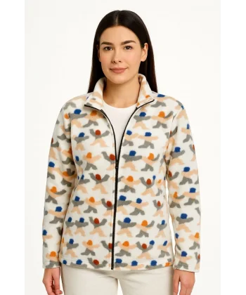 Kadın Tam Fermuarlı Desenli Polar Sweat – Siyah Multicolor Figür Desen Yakalı, Uzun Kollu, Oversize Rahat Kalıp - Beyaz