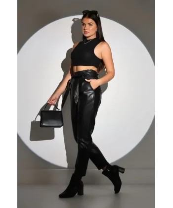 Kadın Tam Kalıp Süni Derİ Pantolon - Siyah