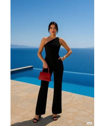 Kadın Tek Omuz Acık Detaylı Scuba Tulum Elbise