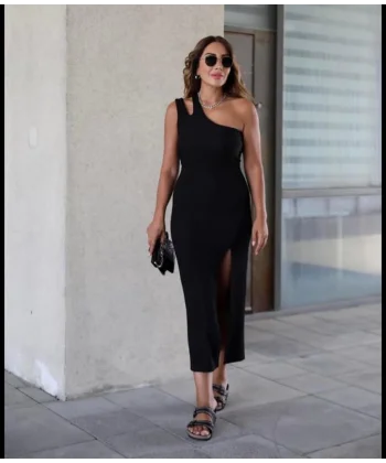 Kadın Tek Omuz Damla Detay Ottoman Kumaş Elbise