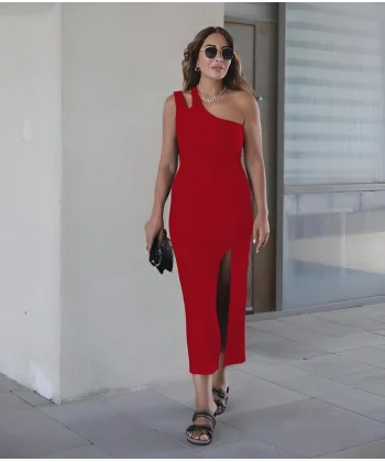 Kadın Tek Omuz Damla Detay Yırtmaçlı Krep Elbise