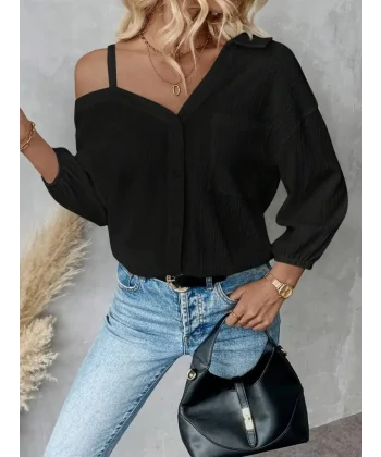 Kadın Tek Omuzdan Açık Askılı Uzun Kollu Yakalı önden Düğmeli Gömlek