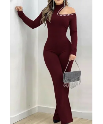 Kadın Tek Omuzdan Açık Balıkçı Yaka Taş Detaylı Uzun Ithal Krep Tulum