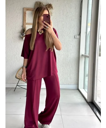 Kadın Tek Omuzdan Açık Geniş Kesim Viskon Iki Iplik Bluz Ve Pantolon Ikili Takım