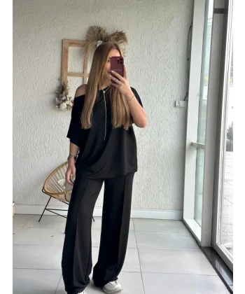 Kadın Tek Omuzdan Açık Geniş Kesim Viskon Iki Iplik Bluz Ve Pantolon Ikili Takım