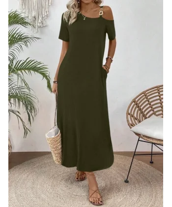 Kadın Tek Omuzdan Açık Toka Detaylı Yandan Yırtmaçlı Maksi Boy Viskon Elbise