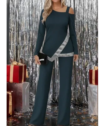 Kadın Tek Omuzdan Açık Uzun Kollu önü Pulpayet Ithal Krep Bluz Ve Pantolon