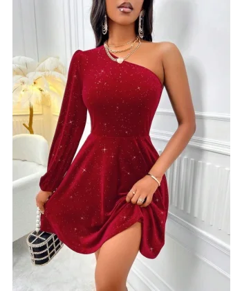 Kadın Tek Omuzdan Açık Uzun Kollu Taşlı Mini Elbise