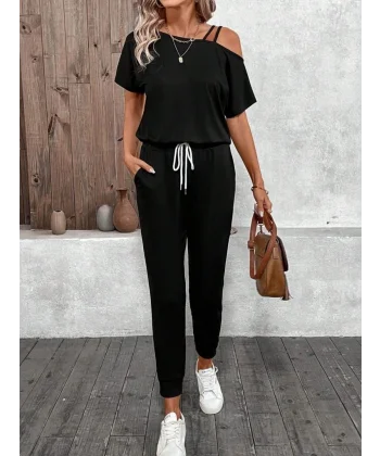 Kadın Tek Omuzdan Açık Viskon Iki Iplik Bluz Bağcıklı Pantolon Ikili Takım