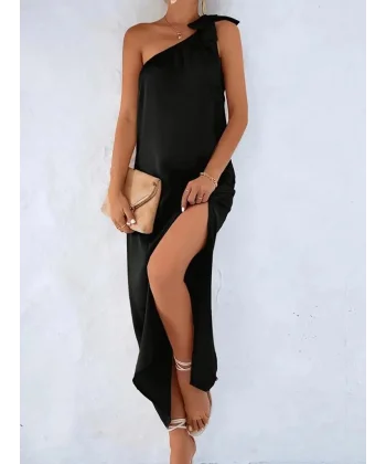 Kadın Tek Omuzdan Askılı Kurdela Detaylı Yırtmaçlı Uzun Janjan Krep Elbise