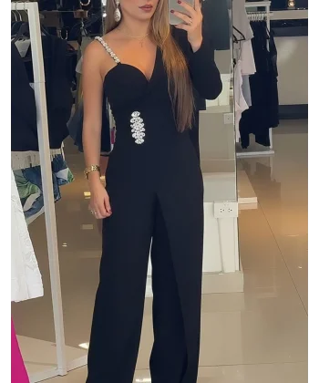 Kadın Tek Omuzdan Askılı Uzun Kollu Yakalı Yandan çiçek Aksesuar Detaylı Ithal Krep Tulum