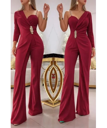 Kadın Tek Omuzdan Askılı Uzun Kollu Yakalı Yandan çiçek Aksesuar Detaylı Ithal Krep Tulum