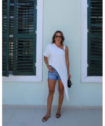 Kadın Tek Omuzu Açık Askılı Asimetrik Kesim Detaylı Bluz