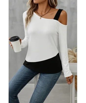 Kadın Tek Omuzu Açık Askılı çift Renkli Uzun Kollu Viskon Bluz