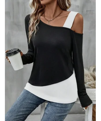 Kadın Tek Omuzu Açık Askılı çift Renkli Uzun Kollu Viskon Bluz