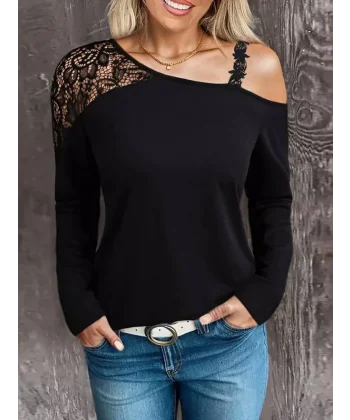 Kadın Tek Omuzu Açık Askılı Dantelli Viskon Bluz