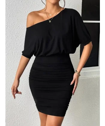 Kadın Tek Omuzu Açık Büzgülü Kısa Sandy Elbise