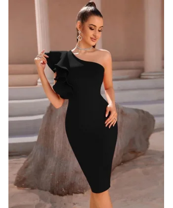 Kadın Tek Omuzu Açık Diğer Omuz Volan Detay Midi Ithal Krep Elbise