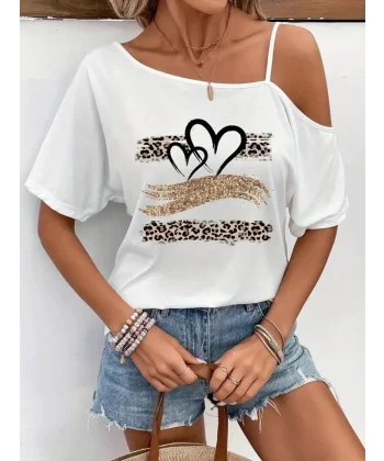 Kadın Tek Omuzu Açık Ip Askılı Baskılı Viskon Bluz